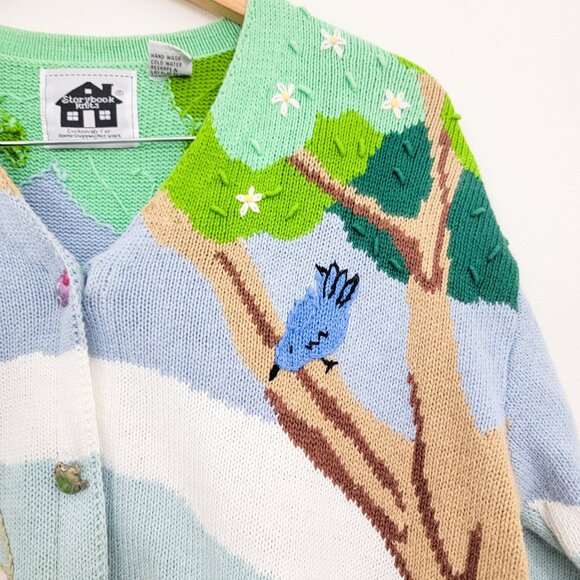 Vintage Storybook Knits Kids Playing Toys Trees Cardigan Sweater Medium - Picture 3 of 9